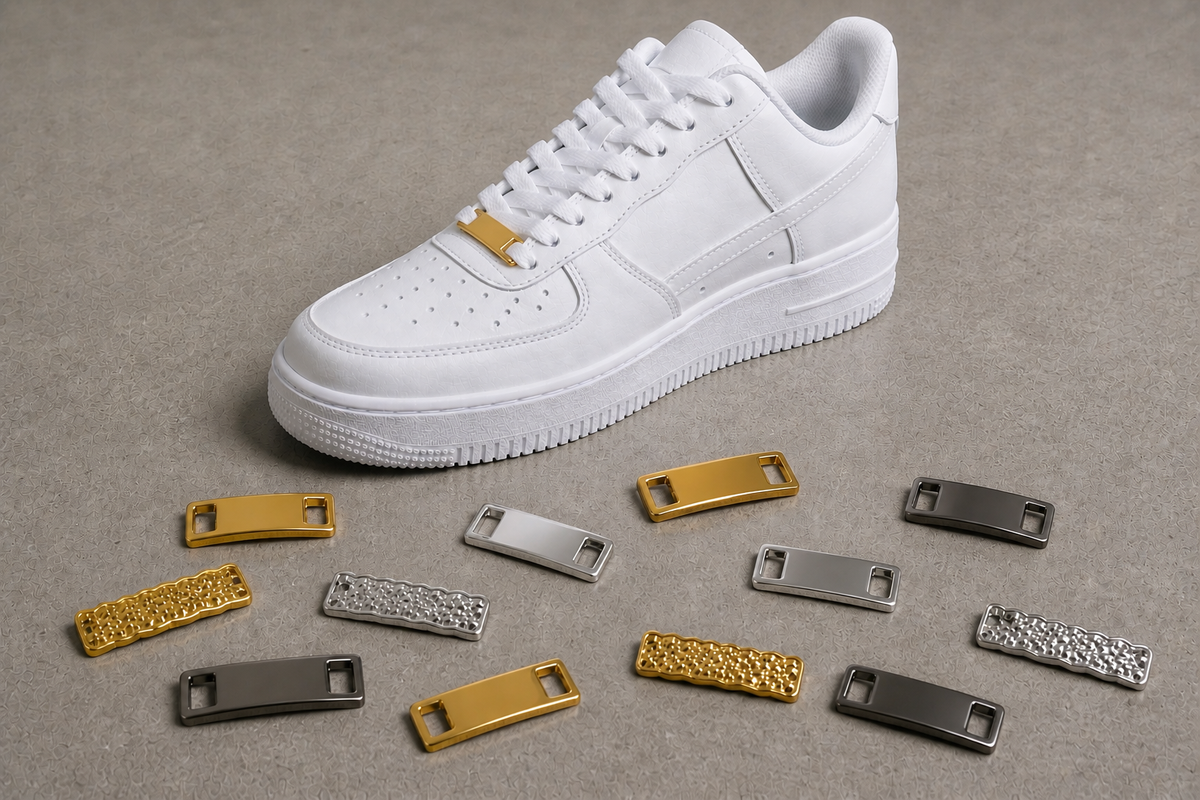 White sneaker with gold and silver tag options on a gray surface